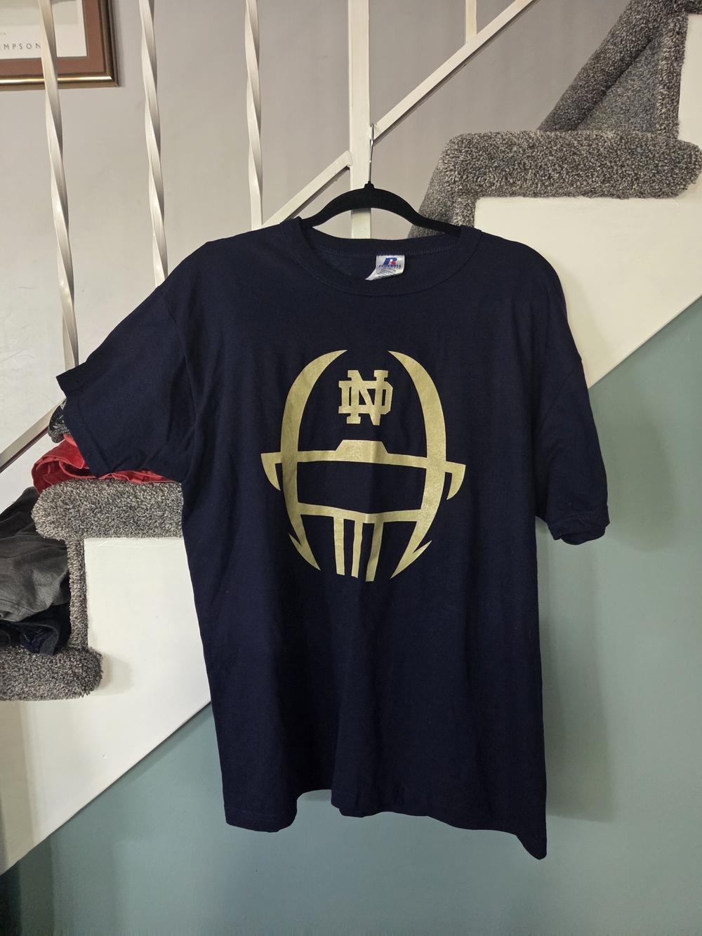 Russell Athletic Navy T-Shirt with Gold Notre Dame Football Logo